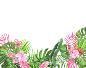 Watercolor frame with tropical leaves, hibiscus, palm, banana, monstera on an isolated background, greeting postcard, invitation. stock illustration. © Maya