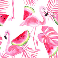 Obraz premium Tropical seamless pattern with flamingo, watermelon, palm leaves on an isolated white background, watercolor tropic drawing, tropic green texture. stock illustration.