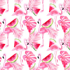 Tropical seamless pattern with flamingo, watermelon, palm leaves on an isolated white background, watercolor tropic drawing, tropic green texture. stock illustration.