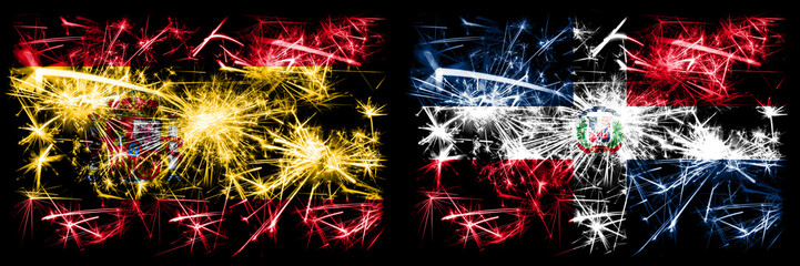 Spanish vs Dominican Republic New Year celebration sparkling fireworks flags concept background. Combination of two abstract states flags.