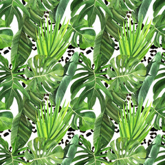 Obraz premium Tropical seamless pattern with tropical leaves, leopard print on an isolated white background. Fabric wallpaper print texture. Stock illustration.