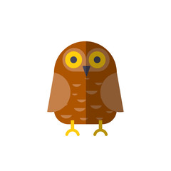 Vector flat owl icon. Vector owl illustration, flat style. Brown forest bird - cartoon flat modern illustration, icon of owl with big yellow eyes and brown wings isolated on white. Simple forms