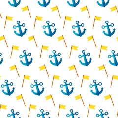 Seamless patterns on a white background in a flat style with elements of anchor and flags. Texture for web page, greeting cards, posters and banners. Prints on fabric and paper.