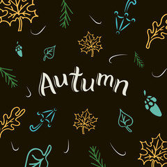 Vector drawing in doodle style with lettering composition "Autumn". Brown background with umbrellas, acorns, maple and oak leaves.