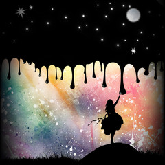 Painting the night cartoon girl in the real world silhouette art photo manipulation