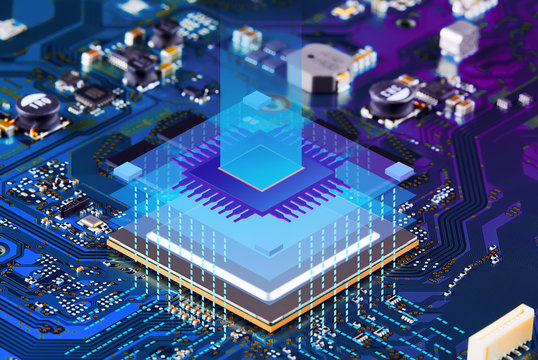 Illustration Of Electronic Motherboard And Isometric Processor And Microchip