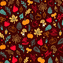 Doodle terracotta background with mushrooms, cones, acorns, pears, apples, pumpkins, zucchini, berries and leaves.
