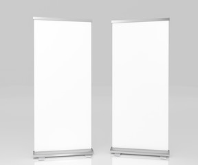 Roll up banner stand. Vertical Banner Design Signboard Advertising Brochure Flyer Template X-banner, empty white show display mock up Layout Background. 3d illustration