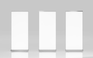 Roll up banner stand isolated on white background isolated with clipping path,empty white show display mock up for presentation or exhibition your product, board for trade advertising. 3d illustration