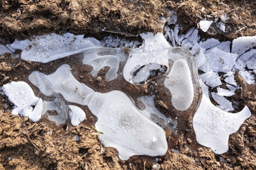 Broken ice on a country dirt road. Frozen puddle. Abstract background