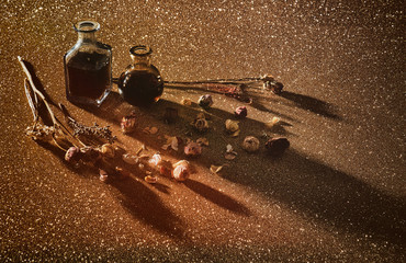 Vase and dry flower on the table.