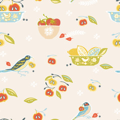 Vintage kitchen seamless pattern on dusty rose background. Retro design elements, fruit, bowl, vegetable, bird. Seamless vector pattern. For fabric, wallpaper, giftwrap or postcard design