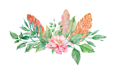 Bouquet with feathers 1 of handpainted watercolor floral elements, flowers, leaves, peonies for greeting cards, invitations isolated on white background. .