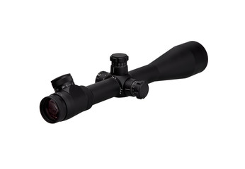modern black optical scope for weapon isolated on whited. sight scope isolated on white back.