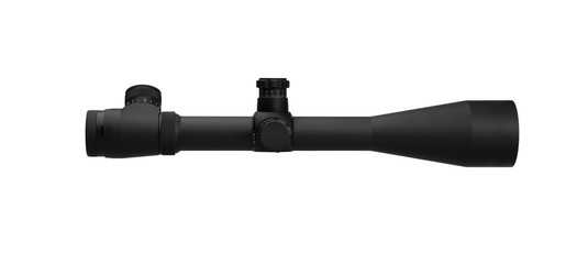modern black optical scope for weapon isolated on whited. sight scope isolated on white back.