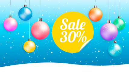 christmas sale web banner background with christmas balls, sticker, snow
