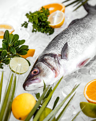 close up of raw fish head on ice with fruit slices