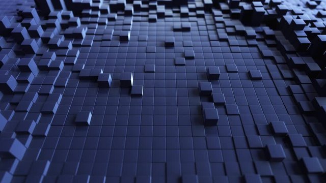 Abstract wave background with a black moving cubic surface. Geometric concept with random boxes or columns. Motion design template. Seamless loop 4k 3d render. Technology composition. Radial ripple.