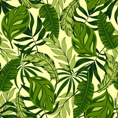 Seamless pattern with green tropical leaves on white background. Floral seamless vector tropical pattern background with exotic leaves, jungle leaf. Trendy summer Hawaii print.