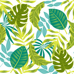 Fototapeta na wymiar Tropical seamless pattern with colorful plants. Floral seamless vector tropical pattern background with exotic leaves, jungle leaf. Exotic wallpaper, Hawaiian style. Seamless vector texture.