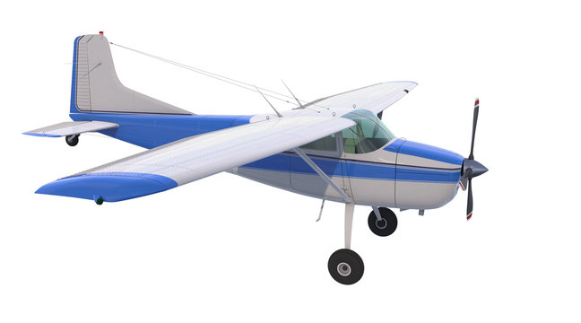 Light aircraft isolated on white background. Bush plane. 3D rendering. Propeller driven single engine aircraft for transporting people and cargo to hard to reach places.