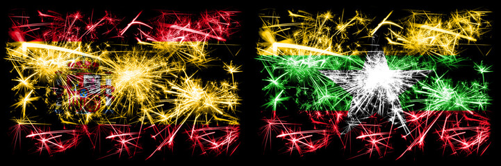 Spanish vs Myanmar New Year celebration sparkling fireworks flags concept background. Combination of two abstract states flags.