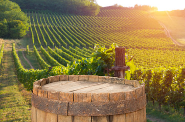 Red wine with barrel on vineyard in green Tuscany, Italy