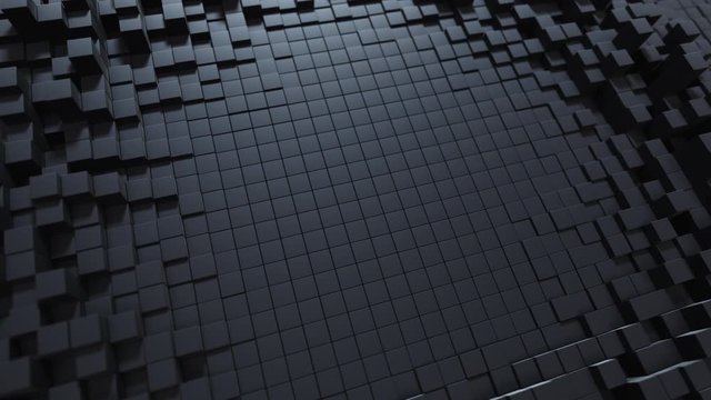 Abstract wave background with a black moving cubic surface. Geometric concept with random boxes or columns. Motion design template. Seamless loop 4k 3d render. Technology composition. Radial ripple.