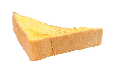 Side of slice toast bread and butter on white background.