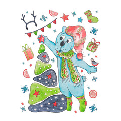 Bear decorates a Christmas tree. Winter Teddy bear. Children fairy Christmas illustration. New Year Celebration watercolor set and icons.