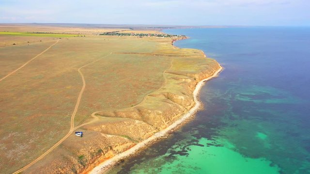 Aerial view of wild beach, jungle and long coastline. Beautiful wild beach krym