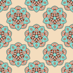 Abstract seamless pattern with mandala flower. Mosaic, tile. Floral background. Vector illustration.    