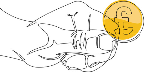 Hand Holding a Coin with the English Pound Symbol One Continuous Line Vector Abstract Illustration