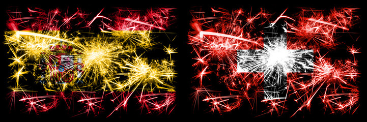Spanish vs Switzerland, Swiss New Year celebration sparkling fireworks flags concept background. Combination of two abstract states flags.