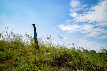 Fototapeta premium in the foreground a sword stuck in the ground and the grass in the background the sky is blue