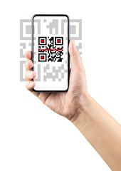Scanning QR code with mobile smart phone. Isolated on white background. Qr code payment, E wallet , cashless technology concept.