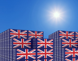 Fototapeta na wymiar Container yard full of containers with flag of United Kingdom Flag. 3d illustration.