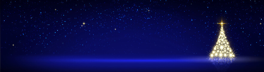 Christmas tree with lights isolated on blue star sky background.