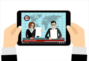 Hands holding tablet with online news on the screen. Mobile content concept. Flat vector illustration.