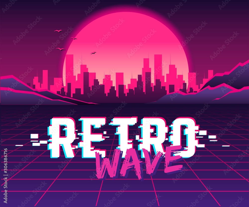 Wall mural Retro 80s wave space, 1980s retro futuristic style background, digital landscape in the cyber world. For use as a cover for a music album. Suitable for any 80s style print design.