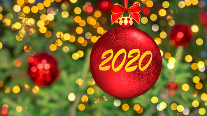 Happy New Year 2020! Blurred background of Christmas fir tree decorated with bright golden lights, toys, illumination. Bokeh. Greeting Postcard. Wallpaper. Banner. 