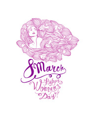 8 march. Happy Women Day. Girl in orchid flowers. Linear illustration