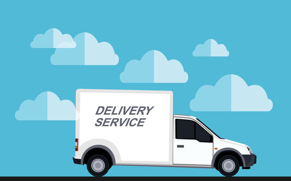 Concept of the delivery service. Illustration of truck fast shipping. Flat vector.