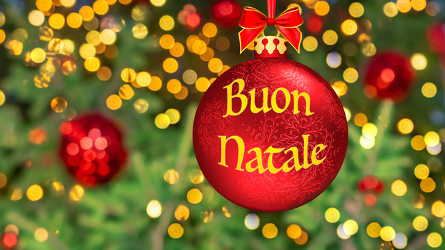 "Buon Natale" means "Merry Christmas" in Italian. Blurred background of beautiful Christmas tree decorated with bright golden lights, toys, illumination Bokeh Happy New Year 2020 Greeting Card Italy