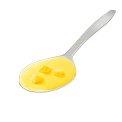Corn cream soup in a spoon, instant soup, canned food, detail for design and advertising. Vector.