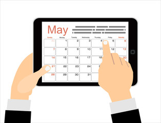 Cartoon businessman clicks on the day calendar app on a tablet computer. Top view. Vector illustration in flat design