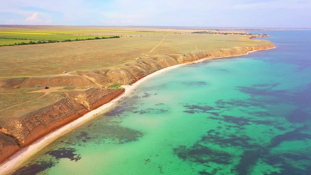 Aerial view of wild beach, jungle and long coastline. Beautiful wild beach krym