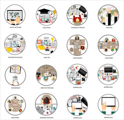 Vector set flat web icons on following themes - business and finance, education and knowledge, technology and hardware,money,architecture design,social network,creative process