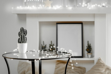 Table background of free space and chrsitmas time in home interior 