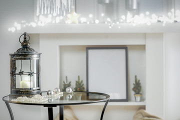 Table background of free space and chrsitmas time in home interior 